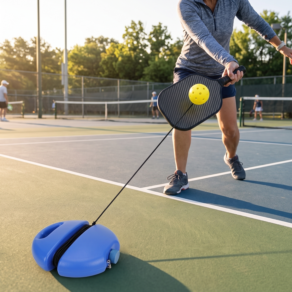 Player hitting a forehand with the Luminous Pickleball Trainer on an outdoor court