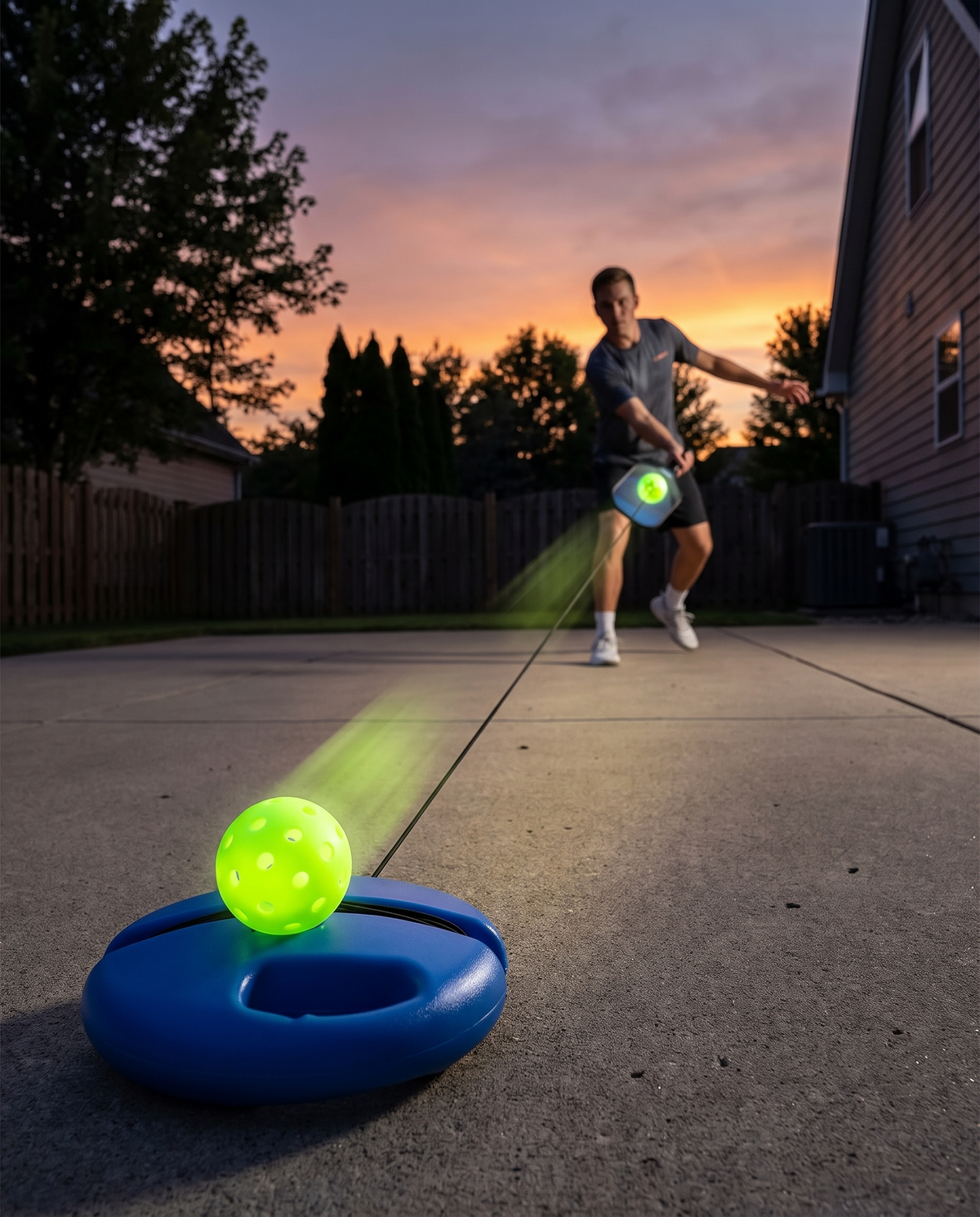 Luminous pickleball glowing during solo practice at dusk in a driveway