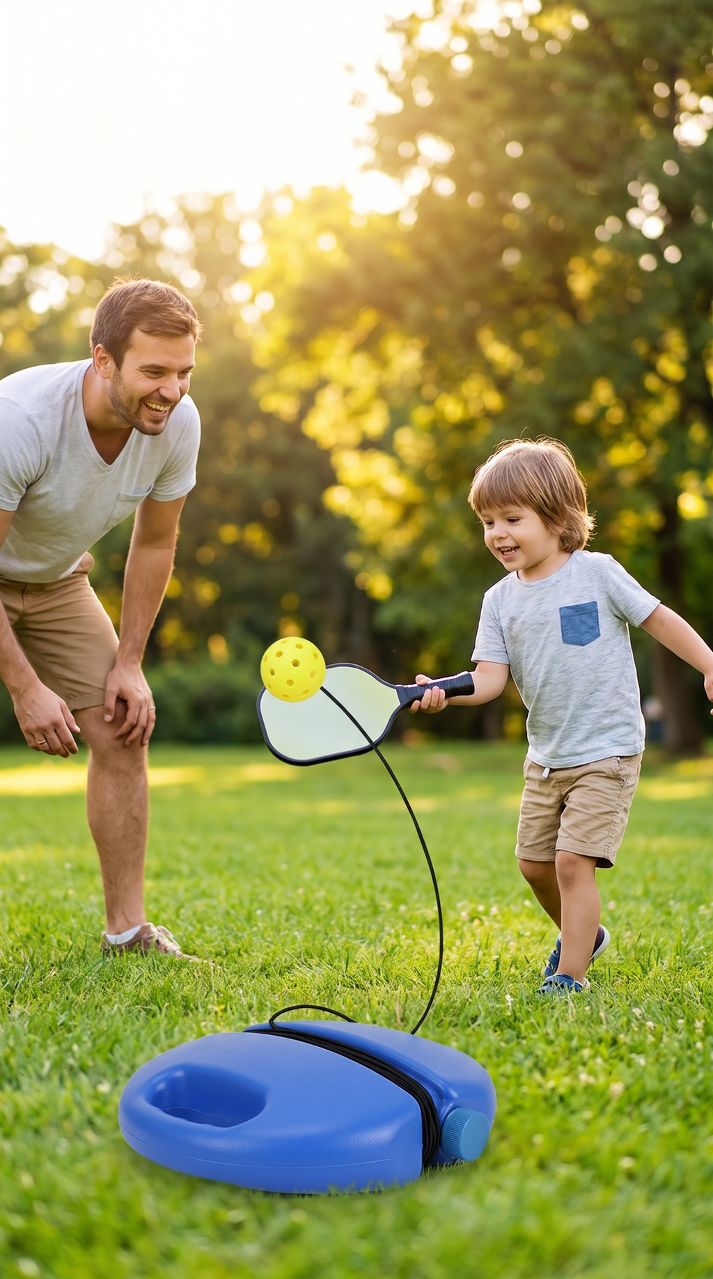 Parent and kid practicing with the Luminous Pickleball Trainer on a park lawn