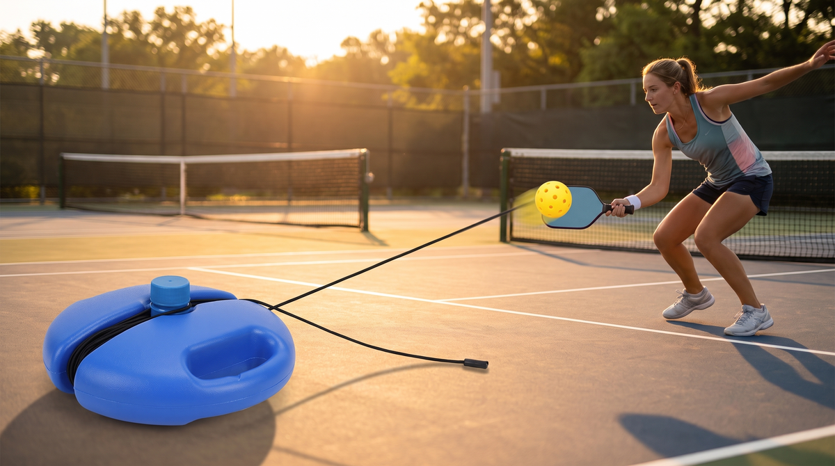 Player hitting a backhand with the Luminous Pickleball Trainer at golden hour